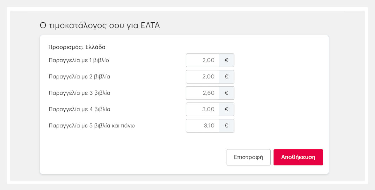 Τιμοκατάλογος με βάση τον αριθμό βιβλίων